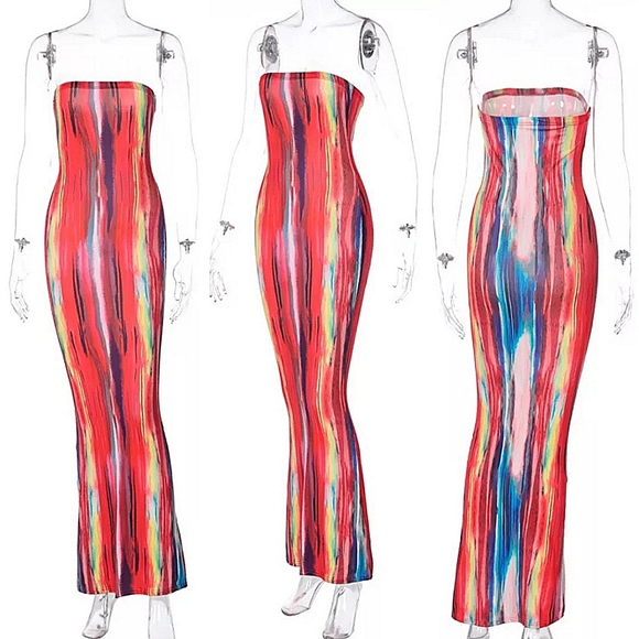 💎SOLD: Red Work Of Art Marble Multi Colorful Sleveless Midi Tube Dress💎 - Picture 5 of 5
